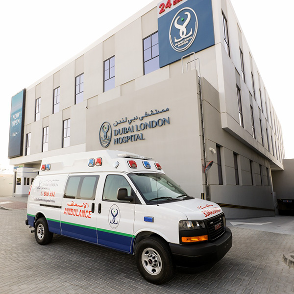 Ambulance in front of 24/7 hospital in Dubai